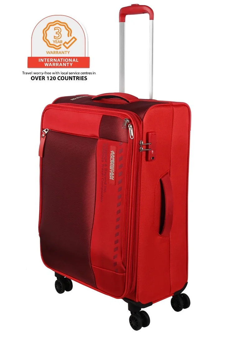 AMERICAN TOURISTER Marina Suitcase, Check-In Size 70 cm / 26 inch, 4 Spinner Wheels, Soft Top, 100% Polyester, Red|Inner Mesh Zippered Pocket|Expandable|TSA Lock|Voluminous Front Pocket - 3 Years International Warranty